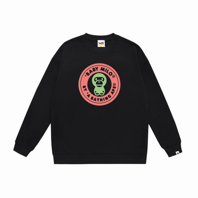 款号Sc380#毛圈 加绒90 顶级版本 Bape 卡通Baby Milo圆章撞色字母印花圆领卫衣 采用350克大毛圈 落肩大版型 面料 质感柔软不起球 进口环