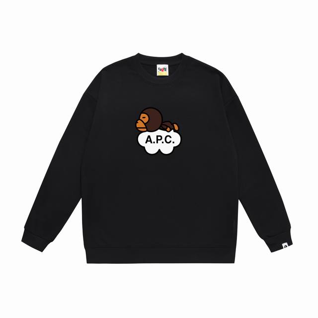 款号Sc379#毛圈 加绒90 顶级版本 Bape A P C联名男装卡通Baby Milo字母印花圆领卫衣 采用350克大毛圈 落肩大版型 面料 质感柔软不起