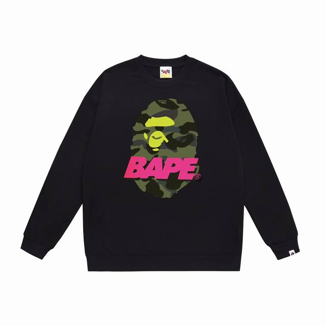款号Sc324#毛圈 加绒90 顶级版本 Bape迷彩猿人头图案撞色字母印花圆领卫衣 采用350克大毛圈 落肩大版型 面料 质感柔软不起球 进口环保印花胶浆 图