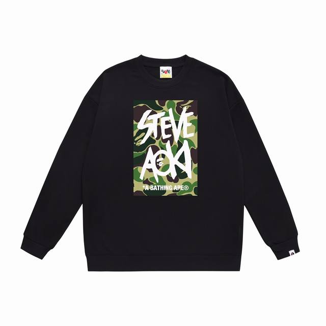 款号Sc332#毛圈 加绒90 顶级版本 Bape Steve Aoki迷彩猿人字母双面印花圆领卫衣 采用350克大毛圈 落肩大版型 面料 质感柔软不起球 进口