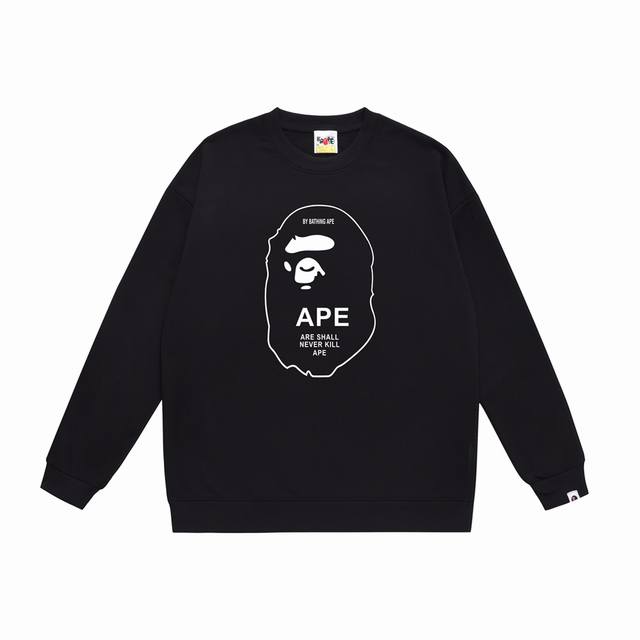款号Sc335#毛圈 加绒90 顶级版本 Bape 黑白线头猿人Logo双面印花圆领卫衣 采用350克大毛圈 落肩大版型 面料 质感柔软不起球 进口环保印花胶浆