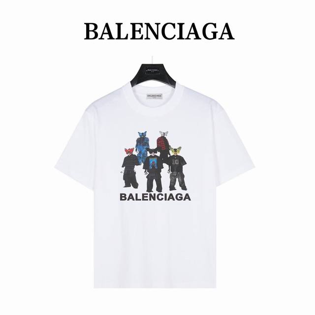 Balenciaga 巴黎世家走秀群像人物面具 款号:Blsj06 白色 240克重磅小落肩100%棉T恤。Os版型，宽松有型好搭配。采用精梳紧密赛络工艺，面料