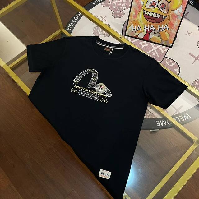 上新， Evisu福神2025新款男士樱花海鸥字母T恤短袖 颜色：黑 尺码：S-Xxl S码 肩宽44 胸围96 衣长68 适合身材100-120斤 M码 肩宽