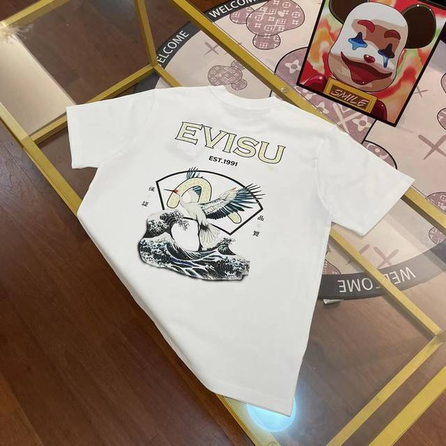 上新 Evisu福神 新款男士字母海浪仙鹤短袖 颜色：白 尺码：S-Xxl S码 肩宽44 胸围96 衣长68 适合身材100-120斤 M码 肩宽46 胸围1