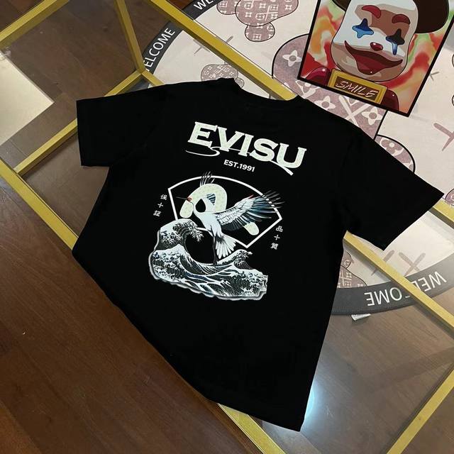 上新 Evisu福神 新款男士字母海浪仙鹤短袖 颜色：黑 尺码：S-Xxl S码 肩宽44 胸围96 衣长68 适合身材100-120斤 M码 肩宽46 胸围1