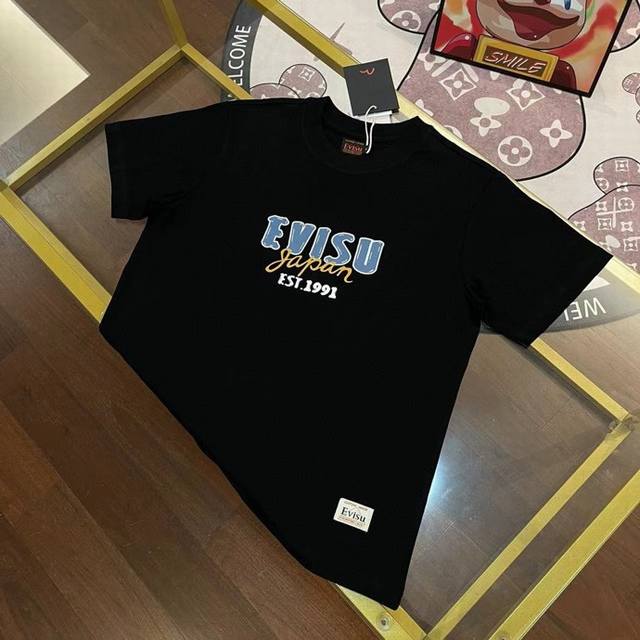 上新， Evisu福神2025新款男士字母达摩鲫鱼大M短袖 颜色：黑 尺码：S-Xxl S码 肩宽44 胸围96 衣长68 适合身材100-120斤 M码 肩宽