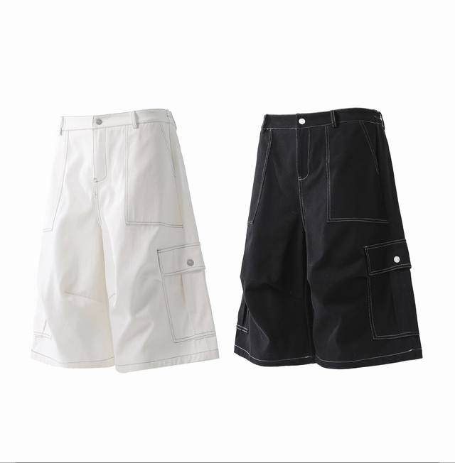 款号-894 Cleanfit美式黑白工装拼接大口袋Vintage直筒宽松两色七分裤工装裤 颜色：黑色 白色 尺码：S～Xxl