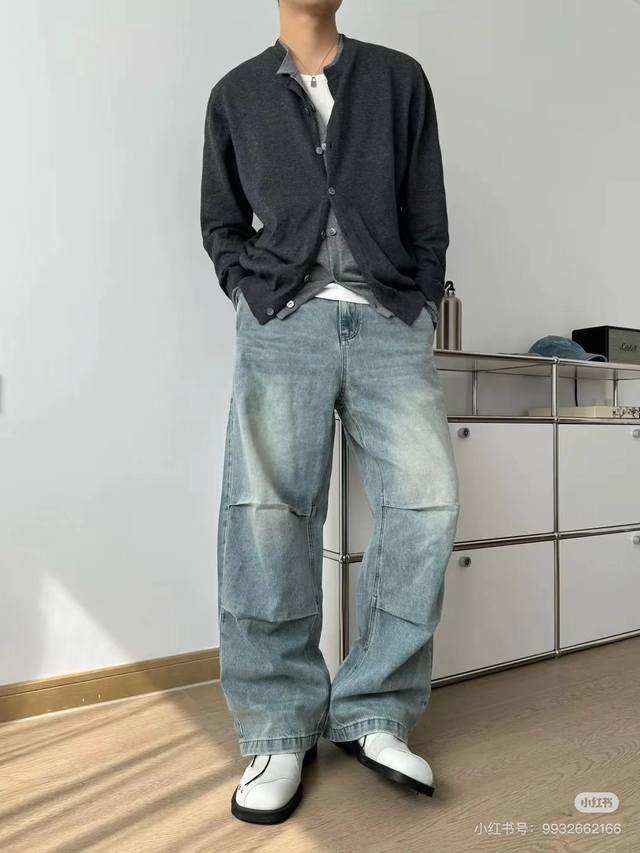 款号-868 自主Cleanfit宽松阔腿褶皱牛仔裤 颜色：水洗蓝 尺码：S～Xxl