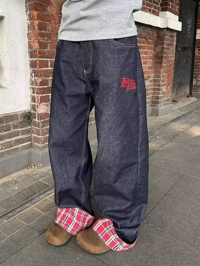 款号-888 自主Clean Fit格子点缀洗水牛仔阔腿裤 颜色：黑红格子 黑篮格子 尺码：S～Xxl