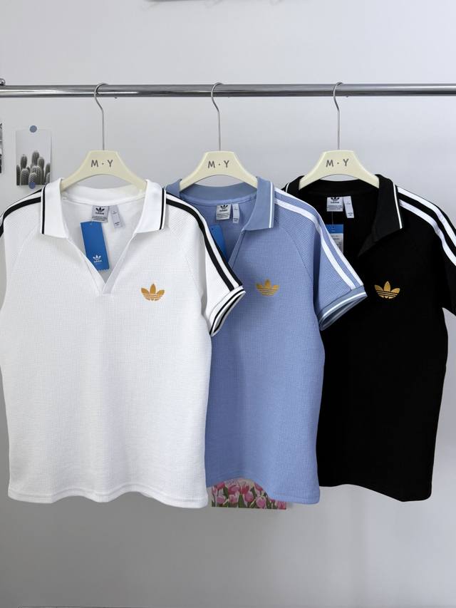 款号：0690 Adidas阿迪达斯三叶草夏季新款华夫格Polo领三条杠透气百搭男女同款短袖 颜色：白色 蓝色 黑色 尺码：S M L Xl Xxl