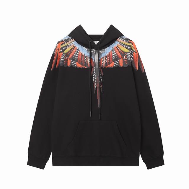 马塞洛布隆 高品质Mb新款鹦鹉翅膀羽毛印花纯棉抽绳连帽卫衣 码数：M L Xl Xxl