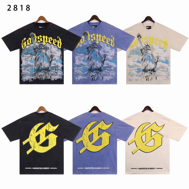 款号：2818 面料：230克洗水做旧 实拍 现货Godspeed美潮摇滚街头复古水洗做旧印花纯棉短袖 颜色：洗水黑 洗水杏 洗水蓝 码数：S M L Xl