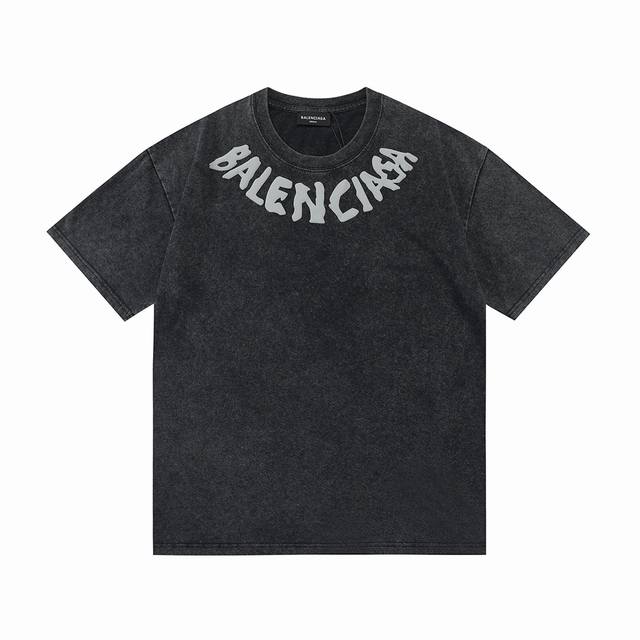 Balenciaga 巴黎世家 2025新款 炒雪花工艺 立体植绒字母Logo 男女同款 短袖T恤 定制260克100％双纱纯棉面料 定染32支双股螺纹 领标吊