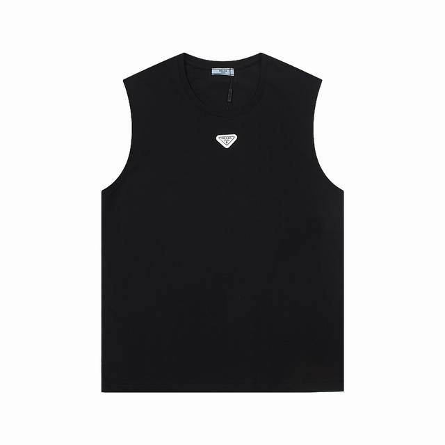 Prada 普拉达 2025新款 定制三角章字母Logo 男女同款 背心 定制260克100％双纱纯棉面料 定染32支双股螺纹 领标吊牌主唛三标齐全 颜色：黑色