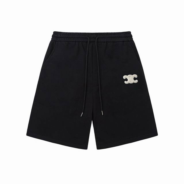 套装款！Celine 赛琳 2025新款 轻奢主义 凯旋门毛绒字母Logo 男女日常通勤穿搭必备 休闲短裤 定制毛圈面料 松紧+抽绳可调节裤腰 腰标吊牌洗水唛三