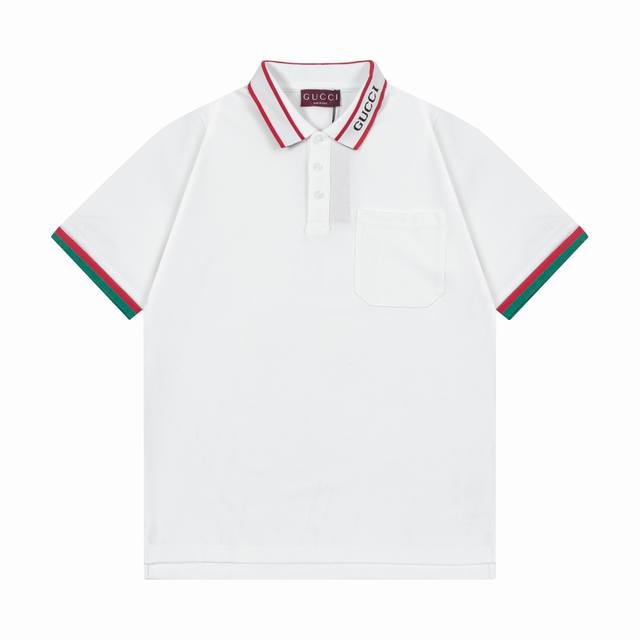 Gucci 古驰 2025新款 轻奢主义 拼色扁机领 领子字母Logo 男女同款 休闲Polo衫 定制珠地面料 领标吊牌主唛三标齐全 颜色：白色 尺码：S M