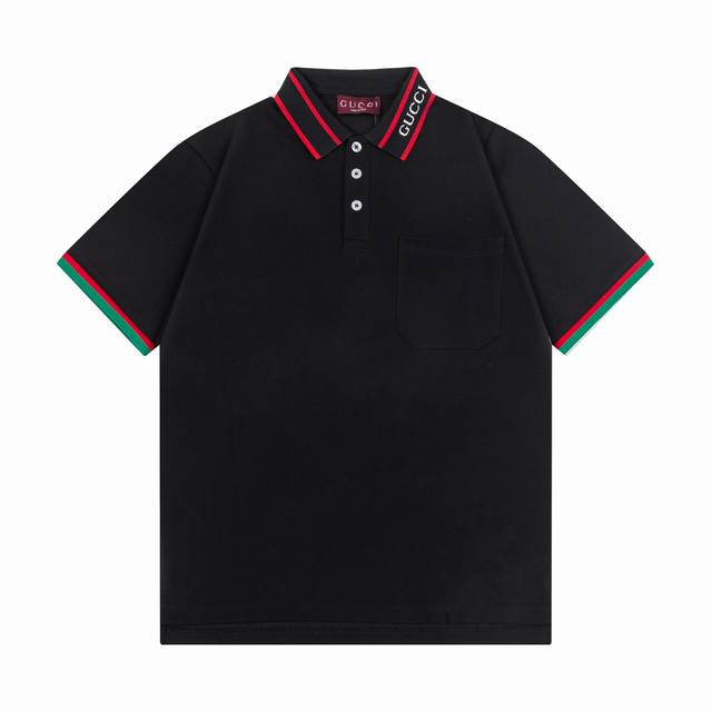 Gucci 古驰 2025新款 轻奢主义 拼色扁机领 领子字母Logo 男女同款 休闲Polo衫 定制珠地面料 领标吊牌主唛三标齐全 颜色：黑色 尺码：S M