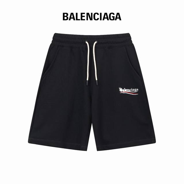 顶级版本，区别通货 Balenciaga 巴黎世家Ss秀款 修身线条简约印花字母Logo潮流男女同款短裤 兼容所有身材 腰部松紧带黑白抽绳设计 定制抽绳口袋两侧