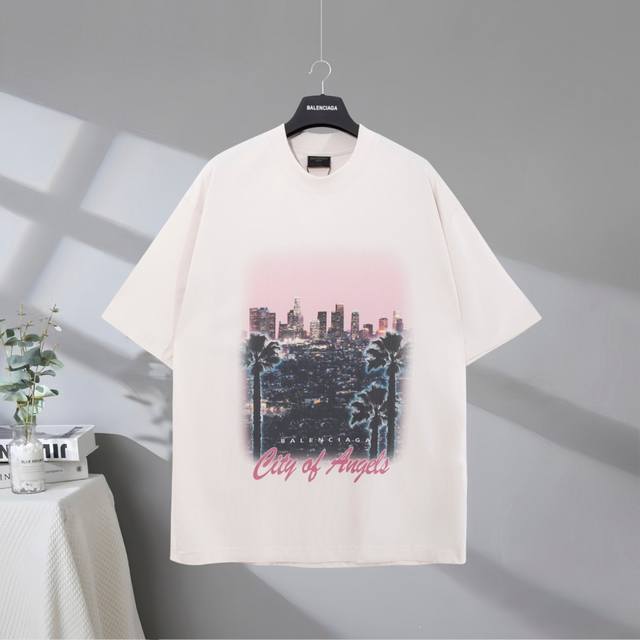 B201# 市场顶级品质 Balenciaga 巴黎世家2025Ss 洛杉矶夜景印花短袖T恤 印花采用进口椭圆机印花工艺 市场顶级的质量 官网品质 罗纹定织定染
