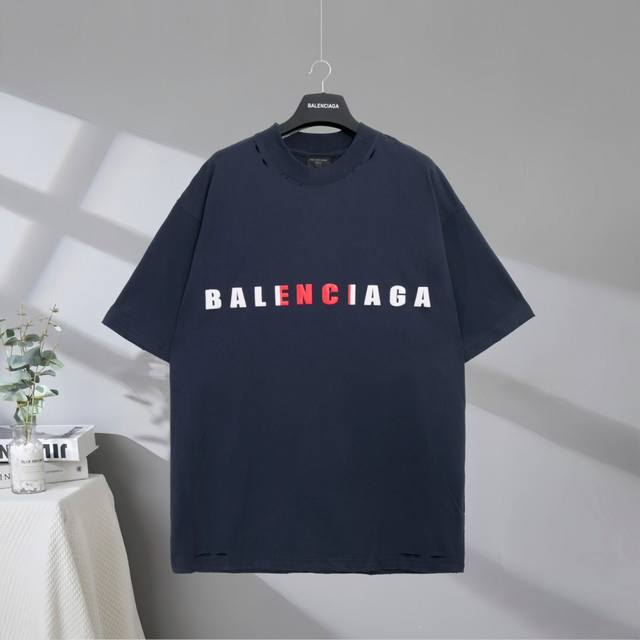 B186# 市场顶级品质 Balenciaga 巴黎世家2025Ss 立体字母发泡印花磨破做旧短袖T恤 印花采用进口胶浆发泡印花工艺 市场顶级的质量 官网品质