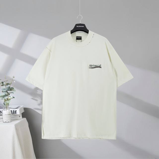 B176# 市场顶级品质 Balenciaga 巴黎世家2025Ss 反车可乐海浪Logo刺绣磨破做旧短袖T恤 Logo采用进口田岛刺绣工艺 市场顶级的质量 官