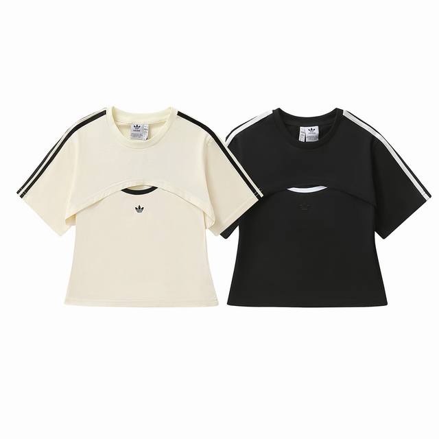 款号：854 Adidas阿迪达斯三叶草Jennie金珍妮同款经典款三条杠层搭二合一假两件短款T恤 颜色：米白色 黑色 尺码：S M L