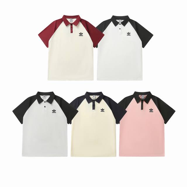 款号：850 Adidas阿迪达斯三叶草夏季新款拼接经典款Polo领休闲百搭男女情侣款短袖 颜色：杏拼酒红 白拼黑 白灰拼黑 杏拼藏青 粉拼黑色 尺码：M L