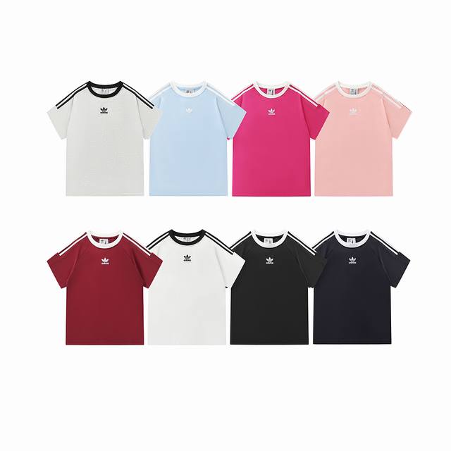 款号：830 Adidas阿迪达斯三叶草夏季新款三条杠8个色休闲宽松男女情侣款圆领短袖T恤 颜色：灰色 浅蓝色 玫红色 粉色 酒红色 白色 黑色 藏青色 尺码：