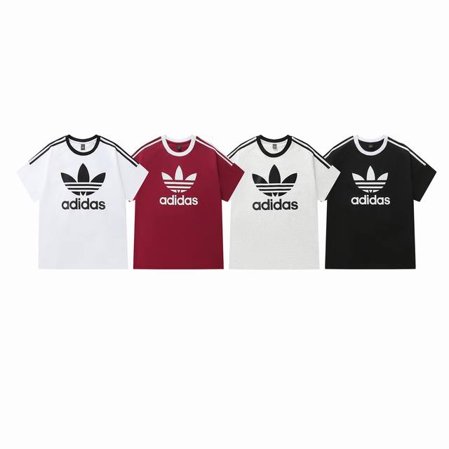 款号：827 Adidas阿迪达斯三叶草夏季新款三条杠大Logo印花休宽松男女同款圆领短袖T恤 颜色：白色 红色 灰色 黑色 尺码：M L Xl Xxl
