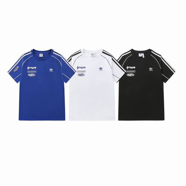 款号：820 Adidas阿迪达斯三叶草赛车风刺绣印花纯棉圆领男女情侣款短袖T恤 颜色：蓝色 白色 黑色 码数：S M L Xl Xxl