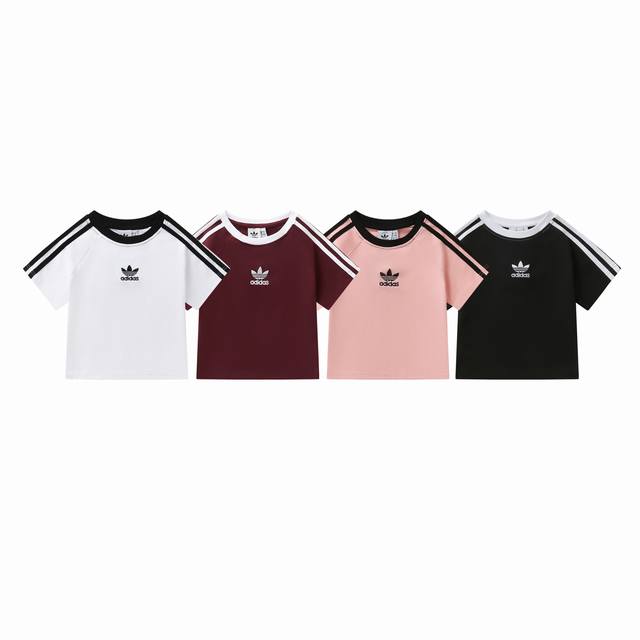 款号：817 Adidas阿迪达斯三叶草Jennie同款修身显瘦辣妹三条杠纯棉短款T恤 颜色：白色 酒红色 粉色 黑色 尺码：S M L