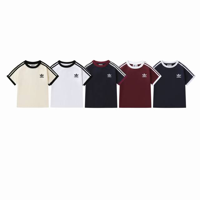 款号：815 Adidas阿迪达斯三叶草经典款刺绣Logo纯棉圆领短款短袖T恤 颜色：米杏 白色 藏蓝 酒红色 藏青 尺码：S M L