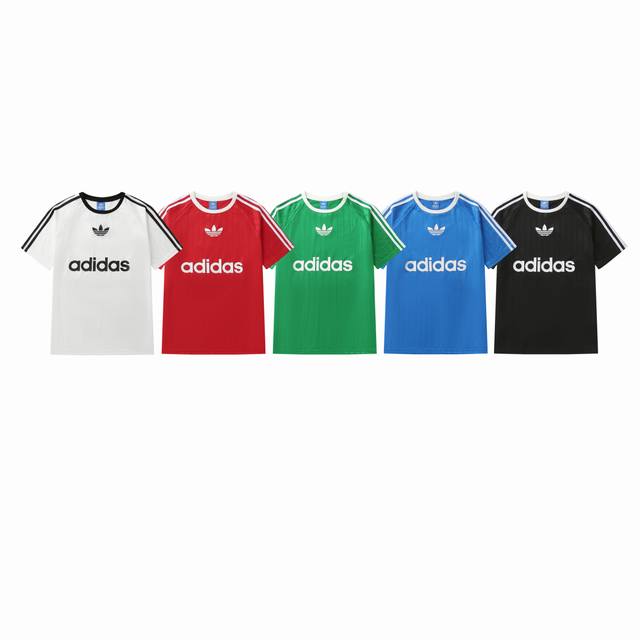 款号：812 Adidas阿迪达斯三叶草经典球衣款提花速干条纹男女同款短袖T恤 颜色：白色 红色 绿色 蓝色 黑色 尺码：S M L Xl Xxl