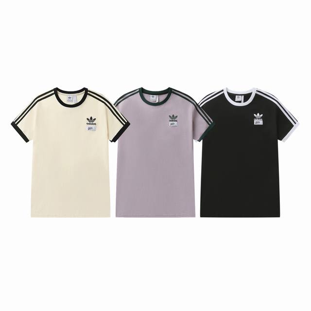 款号：811 Adidas阿迪达斯三叶草复古经典三条杠纯棉圆领套头短袖T恤 颜色：杏色 香芋紫 黑色 尺码：M L Xl Xxl Xxxl