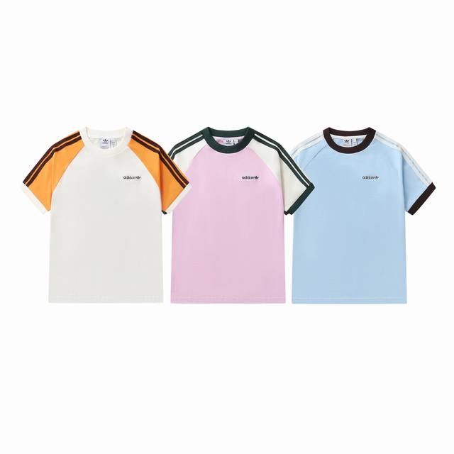 款号:807 Adidas阿迪达斯三叶草经典撞色三条杠插肩半袖男女同款休闲短袖T恤 颜色：米白色 粉紫色 蓝色 尺码：Xs S M L Xl