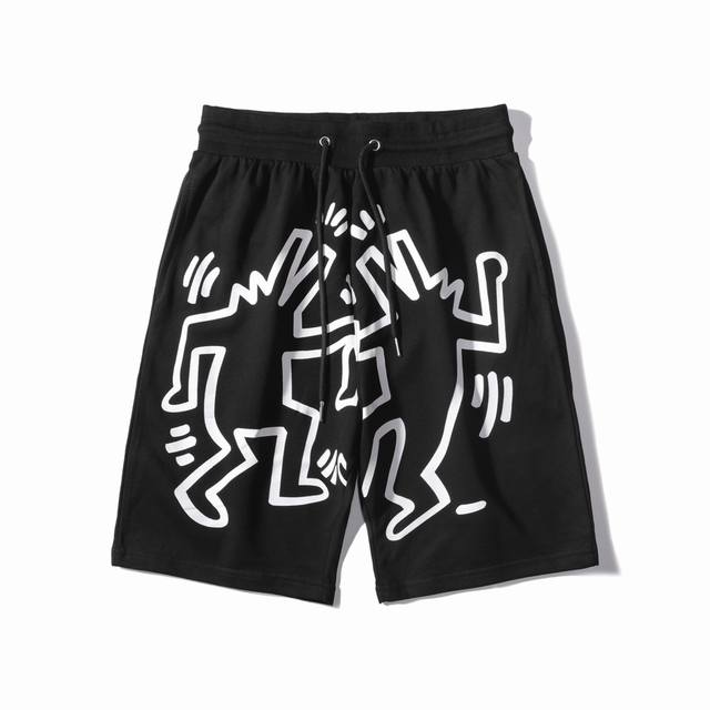 大M涂鸦印花新款休闲中裤，毛圈卫衣料，黑色，码数：M-Xxxl，#13421，