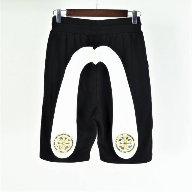 大白M印花刺绣中裤，毛圈薄卫衣料，黑色，码数：L、Xl、Xxxl，#13366，
