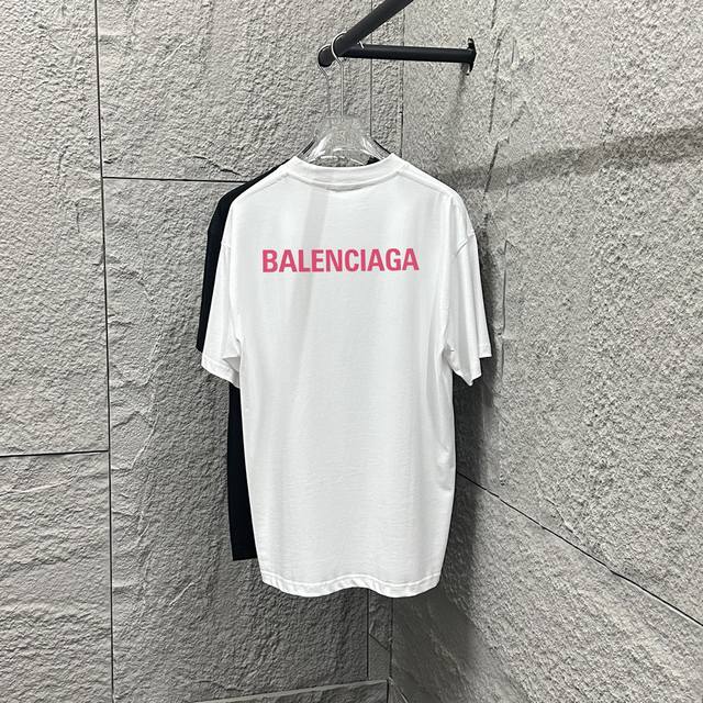 Balenci*Ga 巴黎2025春夏新款短袖T恤衫 经典粉色字母 厚板立体硅胶工艺 定制双纱平纹纯棉面料 短袖T恤 男女同款 颜色：黑色 白色 尺码： S 9