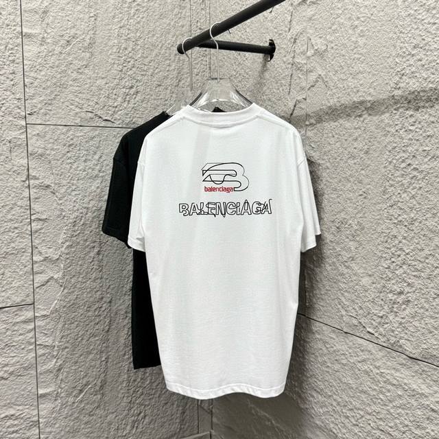 Balenci*Ga 巴黎2025春夏新款 经典字母刺绣 个性字母Logo 背后字母印花 定制双纱平纹纯棉面料 短袖T恤 男女同款 颜色：黑色 白色 尺码： S