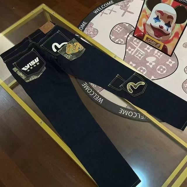 三标齐全原版包装刺绣版本 Evisu福神刺绣牛仔长裤男女同款 高弹牛仔面料！重磅专柜最新款！走一波！绝对私房牛货！官网柜子同步火爆在售！后侧刺绣摸起来手感立体有