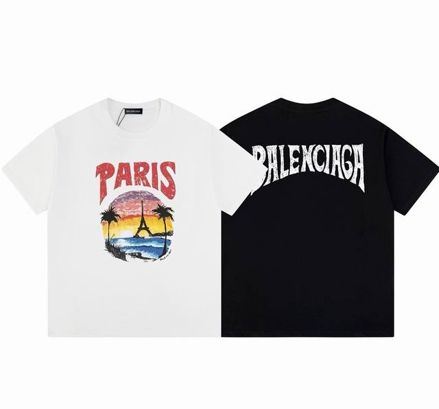 Dbb308# Balenciaga巴黎世家日落铁搭印花短袖 宽松版型 采用260克精梳棉双纱 从面料到辅料全部三标齐全跟足Zp 进口松井公司浆料印花绝不开裂