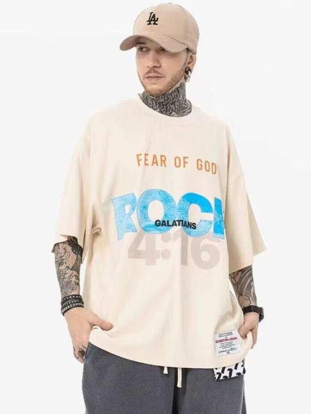 Fog-333 # 300克重 Fear Of God联名Rrr123字母印花高街宽松短袖T恤男女同款 单色 S-Xl
