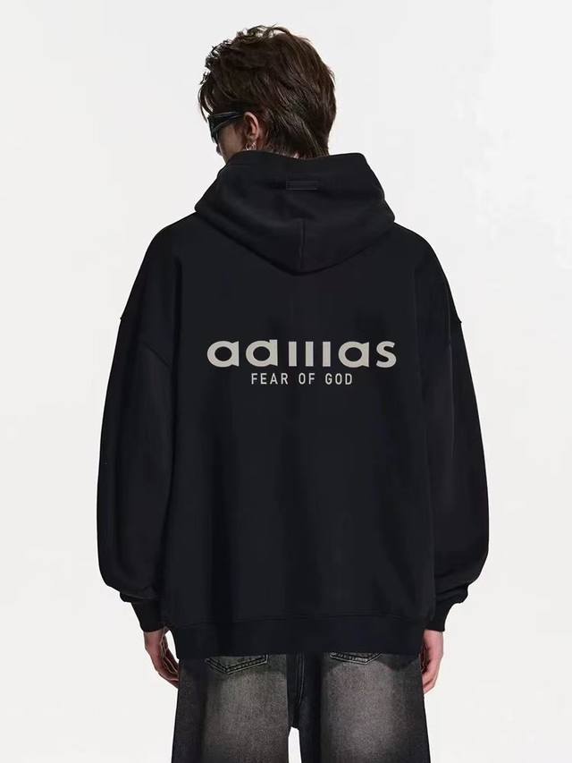 Fog-8830# Fear Of God 联名Ad三条杠新款潮牌高街加绒Fog宽松秋冬男女连帽卫衣黑色、灰色 S-Xl