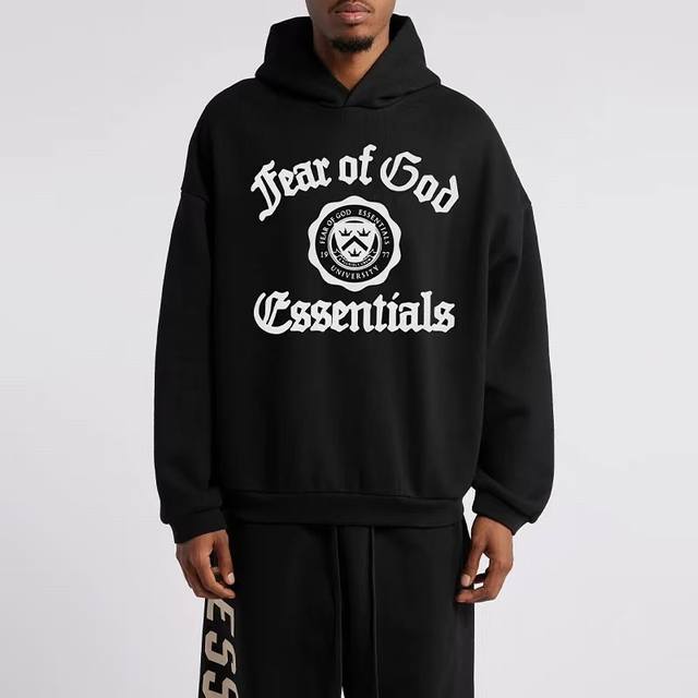 Fog-8832# Fear Of God Fog 24Ss新款字母徽章印花宽松休闲连帽套头男女同款卫衣黑色、白色 S-Xl