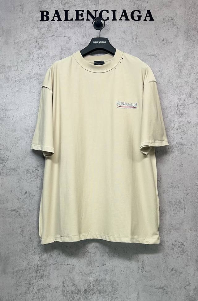 Balenciaga巴黎世家顶级版本1:1官网品质 2025新款反转可乐经典海浪花刺绣做旧磨烂短袖T恤 手工磨烂双面可以都可以穿Logo反面刺绣款 采用巴黎定制