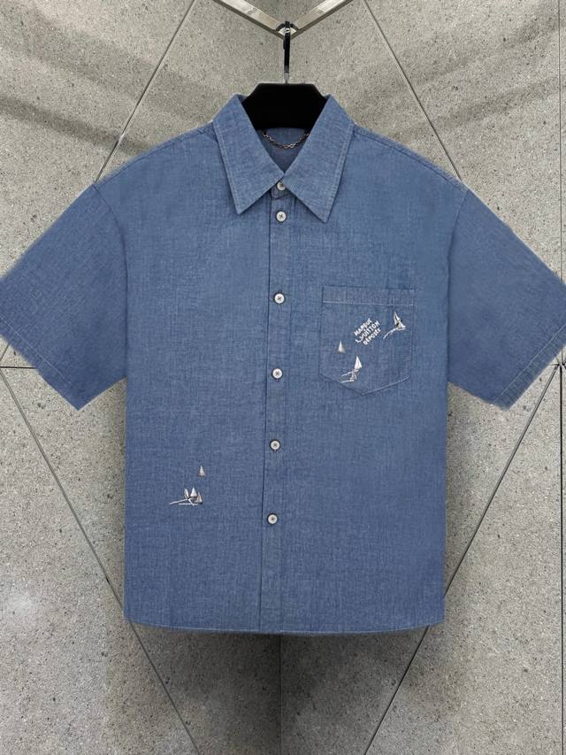 Lv 路易威登 帆船刺绣青年牛仔衬衫短袖 现货 Xs S M L