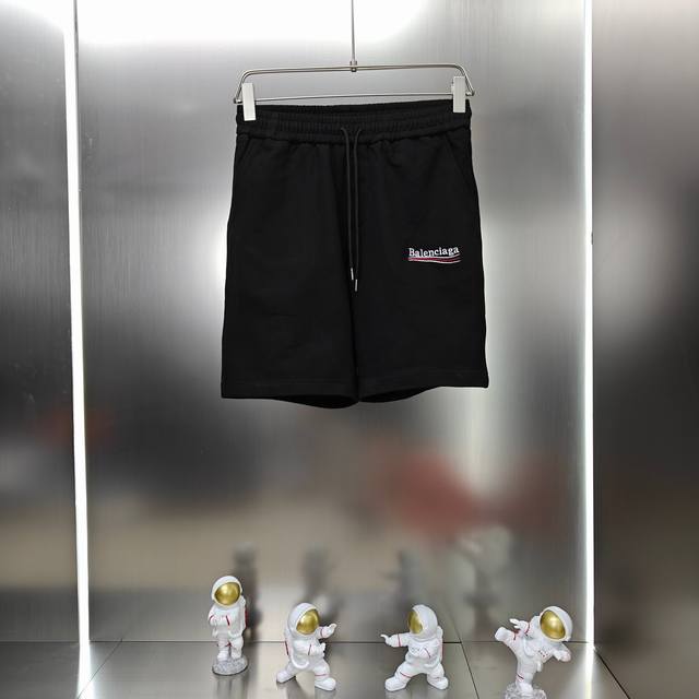 巴黎世家 Balenciaga 2025春夏新款短裤五分裤！ 定制专属400克重毛圈布纯棉面料 经典可乐字母刺绣Logo工艺设计 颜色：黑色 尺码：S-2Xl
