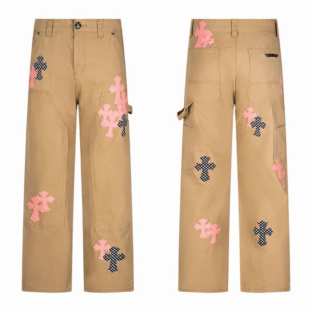Chrome Hearts 克罗心樱花粉拼皮伐木拼接水洗牛仔裤 真实还原Vintage极致质感 立体版型 宽松舒适不挑身材 显高显瘦 大厂精工 原厂品控 男女同
