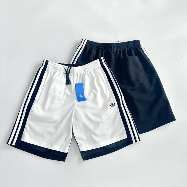 2025 白底图 Adidas 25Ss 三叶草刺绣拼接短袖 绣花，三标一致黑色曼巴棉260克插白色珠地200克 专柜同款上市，本季主打，做工精细无线头,休闲运