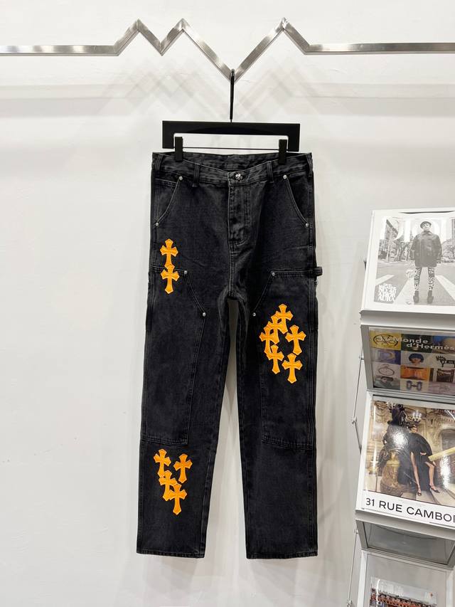 款号： K620 Chrome Hearts & 克罗心 25Fw Ch工装伐木黑橙拼皮限量牛王牛仔裤 克罗心里面颜色最能打的裤子啦啦啦 采用珠帆布面料，重工水
